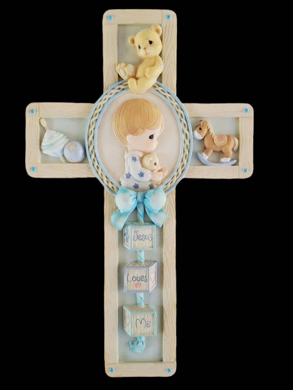 VTG Enesco Precious Moments Wall Cross Jesus Loves Me Praying Boy Ceramic 1999